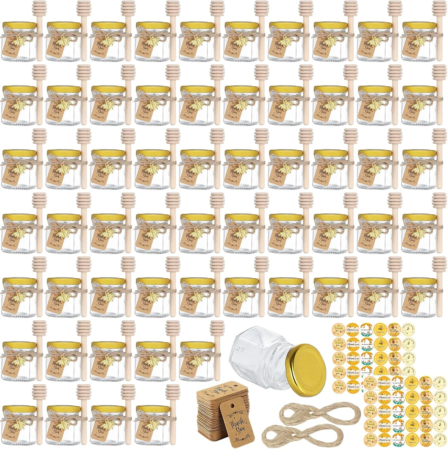 CRTWDMAN 60 Pack Mini Honey Jars/Pot Metal Lids,1.5 Oz Glass,Wooden Dippers,Bee