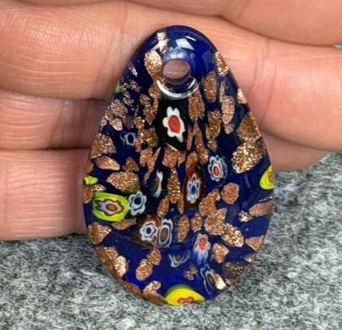 Vintage Millefiori Art Glass Teardrop Pendant Blue Gold Foil Murano Style