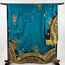 JAPANESE KIMONO FURISODE BLUE-GREEN 162.5cm 5 ft 4 in PURE SILK FF9139