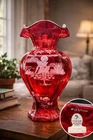 Fenton Ruby Art Glass Vase Hand Painted Limited Edition, Signed 183/1500 Boxed