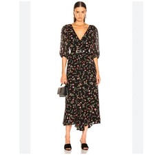 Ganni Floral Georgette Floral Midi Dress Puff Sleeve Size L 12/14 42 Viscose CLM