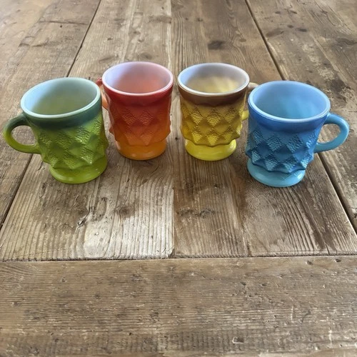 Vintage Lot 4 70s Anchor Hocking Fire King Kimberly Mugs Blue Yellow Orange Gree