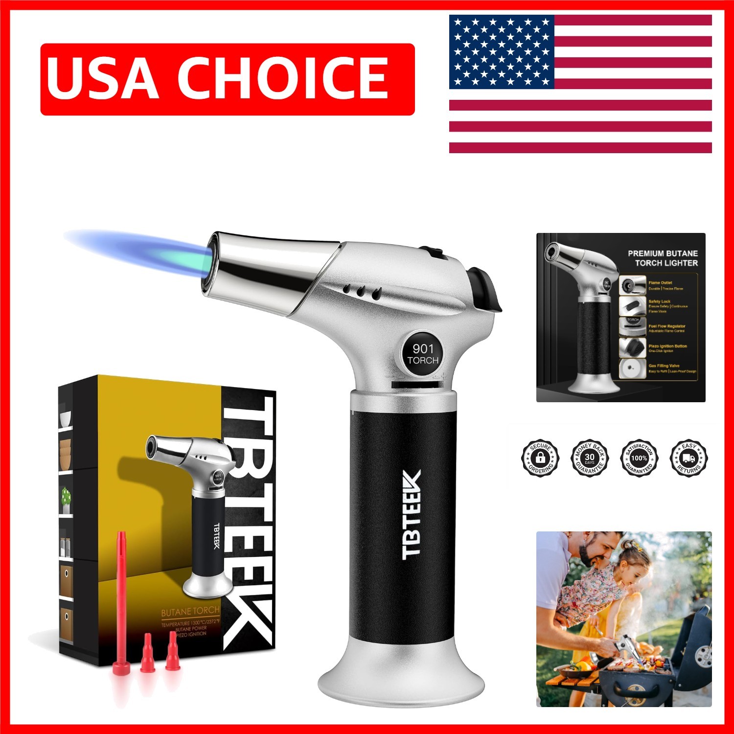 Ergonomic butane Torch with Continuous Flame & Safety Lock f