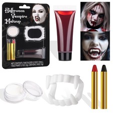 Halloween Vampire Makeup Kit White Face Paint Fake Blood Black Red Crayon Teeth