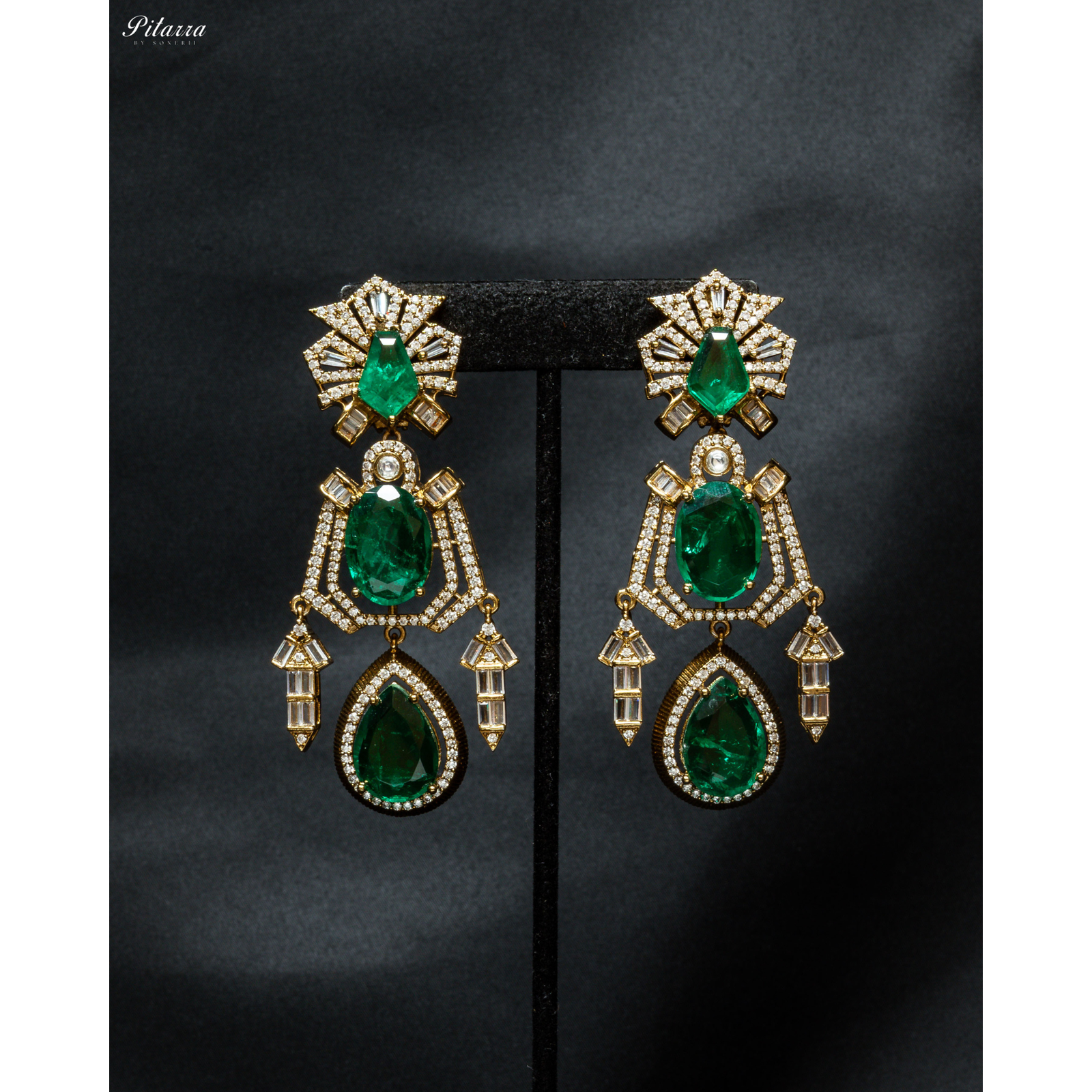 Emerald Silver Double Dangler Earrings with Elegant Drop Design