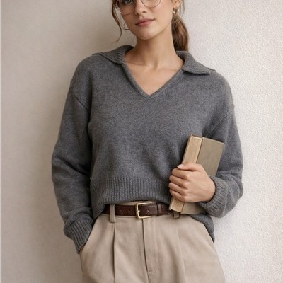 Universal Thread Gray Collared V-Neck Knit Sweater Small | Preppy Cozy Casual