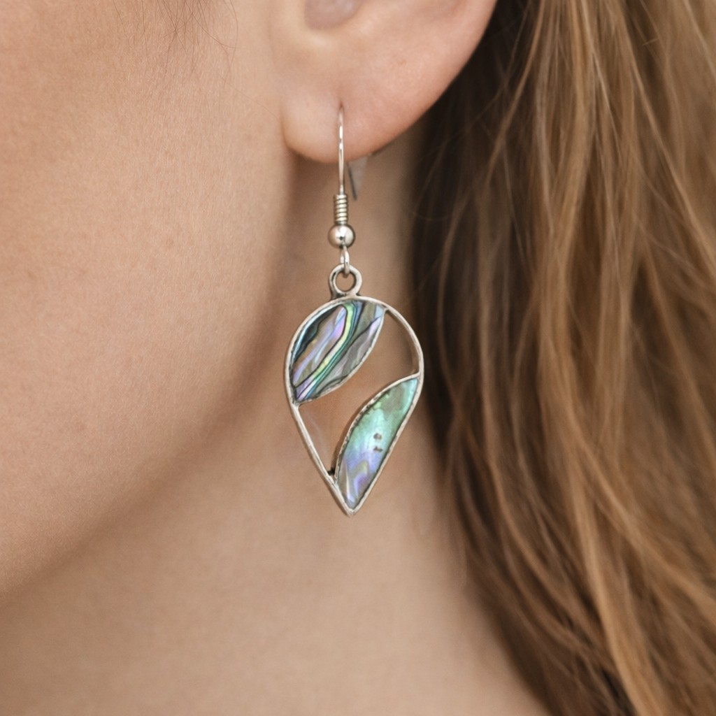 Alpaca Silver Abalone Shell Leaf Dangle Earrings … - image 1