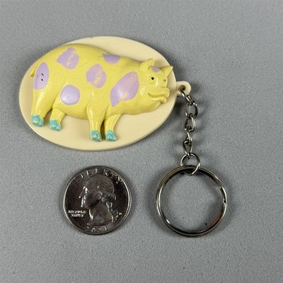 Vintage Yellow Purple Polka Dot Pig 3D Charm Funny Keychain Key Ring #54853