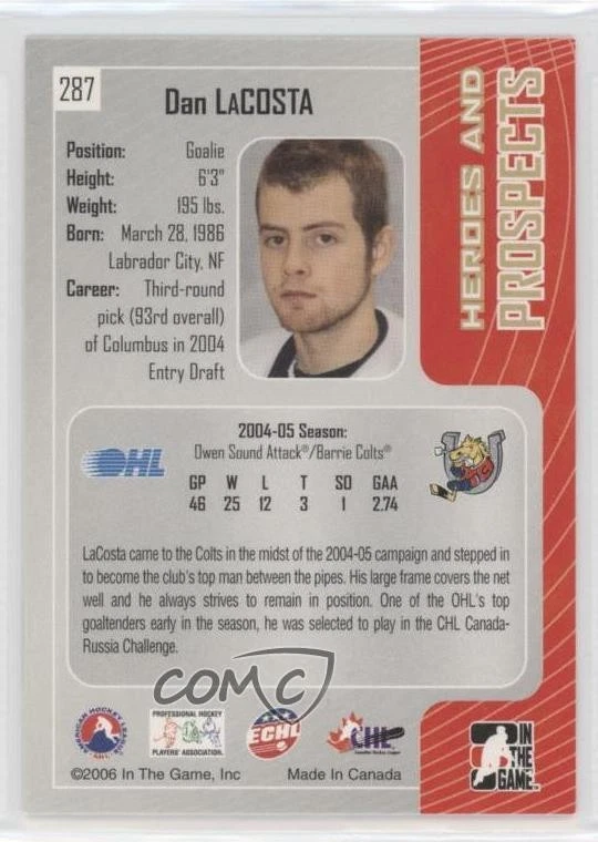 2005-06 ITG Heroes and Prospects Dan LaCosta #287 - Image 2 of 2
