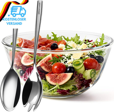 Salatschüssel Set 3-Teilig, Salatbesteck Edelstahl Mit Salatschale, Runde Schale