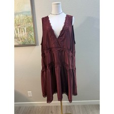 Burgundy Lace Trim Tiered Babydoll V-Neck Dress Size 3X