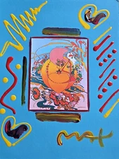 PETER MAX ORANGE HEART Unique Mixed Media with Acrylic on paper Hand signed COA