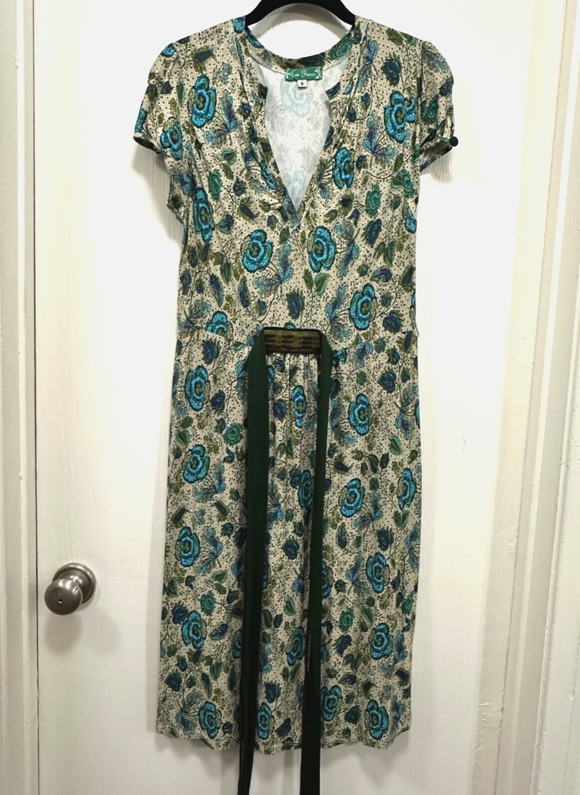 Eva Franco Anthropologie Long Dress Green Floral Tie Waist size 8 Cottagecore
