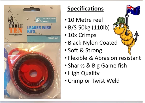 Nylon Coated Wire Trace Leader Kit 50kg 10 Meter 10 Crimps Force Ten Tackle 8315