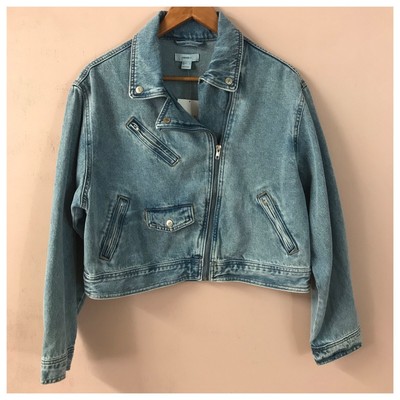 Wash Cropped Moto Denim Jacket Size 