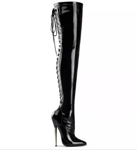 Devious Paten Leather Thigh Boots Black Open Back Corset Goth Fetish 6M