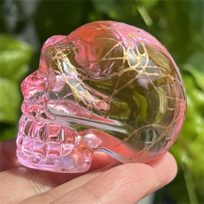 2'' titanium Pink aura smelting quartz skull crystal hand Carved Figurines 1pc