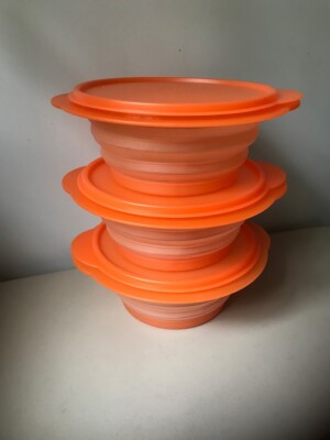 3 New Tupperware 4 Cup Orange 5453 Flat Out Containers + Instructions USA
