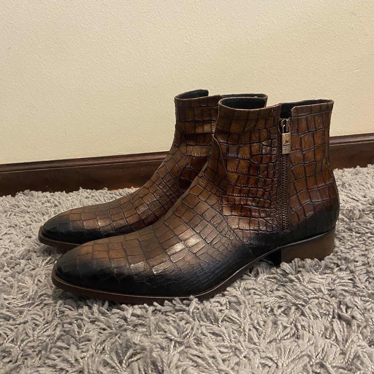 JO GHOST NWOB Croc Embossed Leather Side Zip Boots Size 46 $575.00 Jo Ghost Embossed Alligator Cognac Button Strap Ankle Boots  main image 4