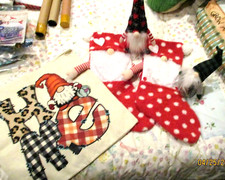 5 pc Christmas Gnome lot 2 Big STOCKING 7X17" 2 Gnome 1 throw pillow case