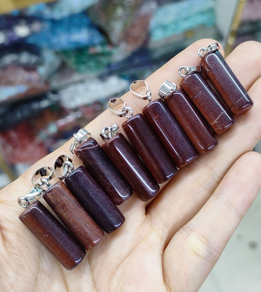 10pcs Natural Red Tiger eye Gems Cylinder Pendants Amulet stainless steel
