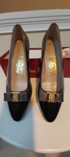 Salvatore Ferragamo NIB size 6B wedge heel, pewter, black patent toe, BOW