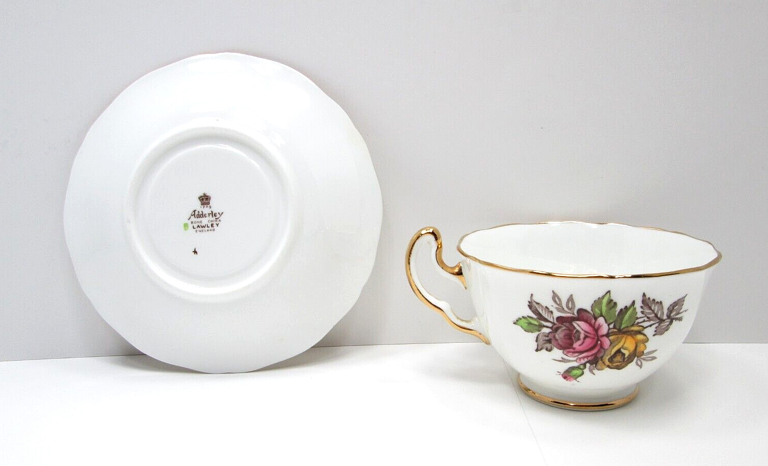 Adderley Lawley England Bone China Pink Yellow Roses Tea Cup and Saucer
