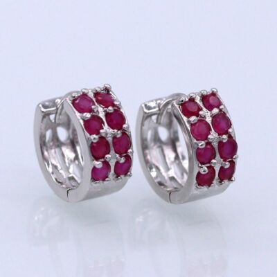Cute New White Gold Plated Silver Double Row 8 Round Red CZ Huggie Hoop Earrings