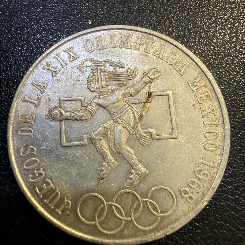 1968 MEXICO CITY OLYMPICS SILVER 0.720 LEY 25 PESOS COIN Br71