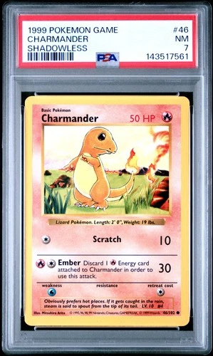 1999 POKEMON BASE SET SHADOWLESS #46 CHARMANDER PSA 7