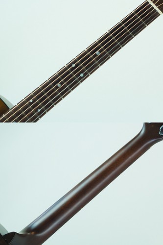Close-up of dark wood fretboard with light blue dots, followed by polished brown guitar neck on white background.