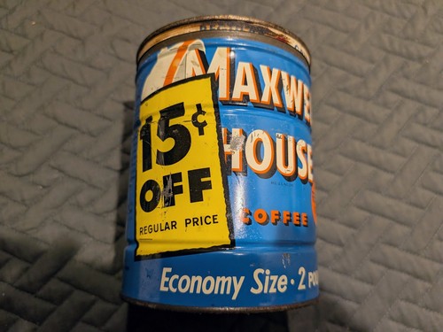Vtg 1960s Maxwell House Coffee Tin 2 lb Can Blue 15¢ Off Promo Dome Top Lid