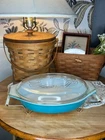 Vintage PYREX Princess Turquoise Oval Casserole 1.5qt With Lid & Cradle