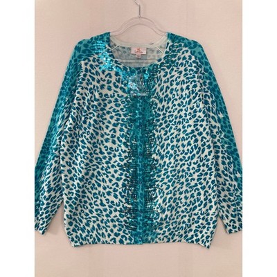 Quacker Factory Cardigan Large Turquoise Leopard Sequin Button Front Knit