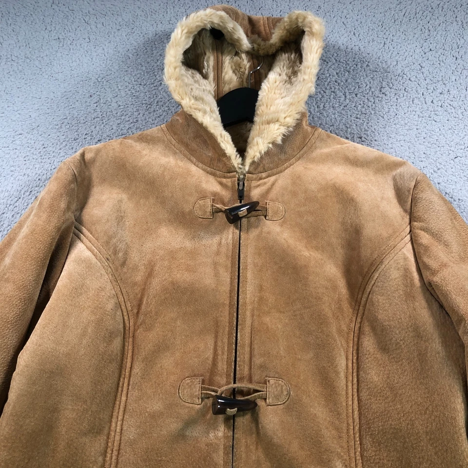 Abrigo de cuero Wilsons para mujer grande beige piel de oveja botón cremallera completa con capucha Foto 2 de 4