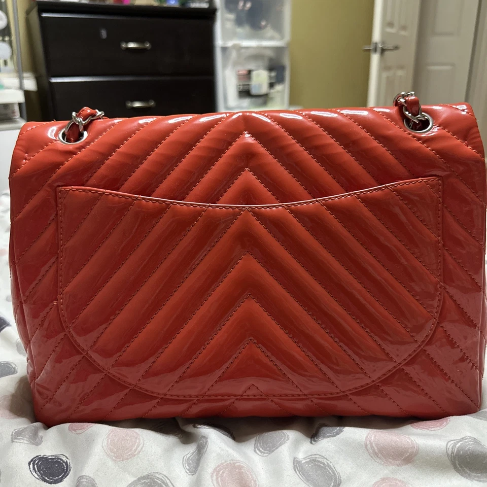 Chanel Orange Chevron Quilted Patent Leather Jumbo Classic Single Flap Bag Auth - Image 4 of 4