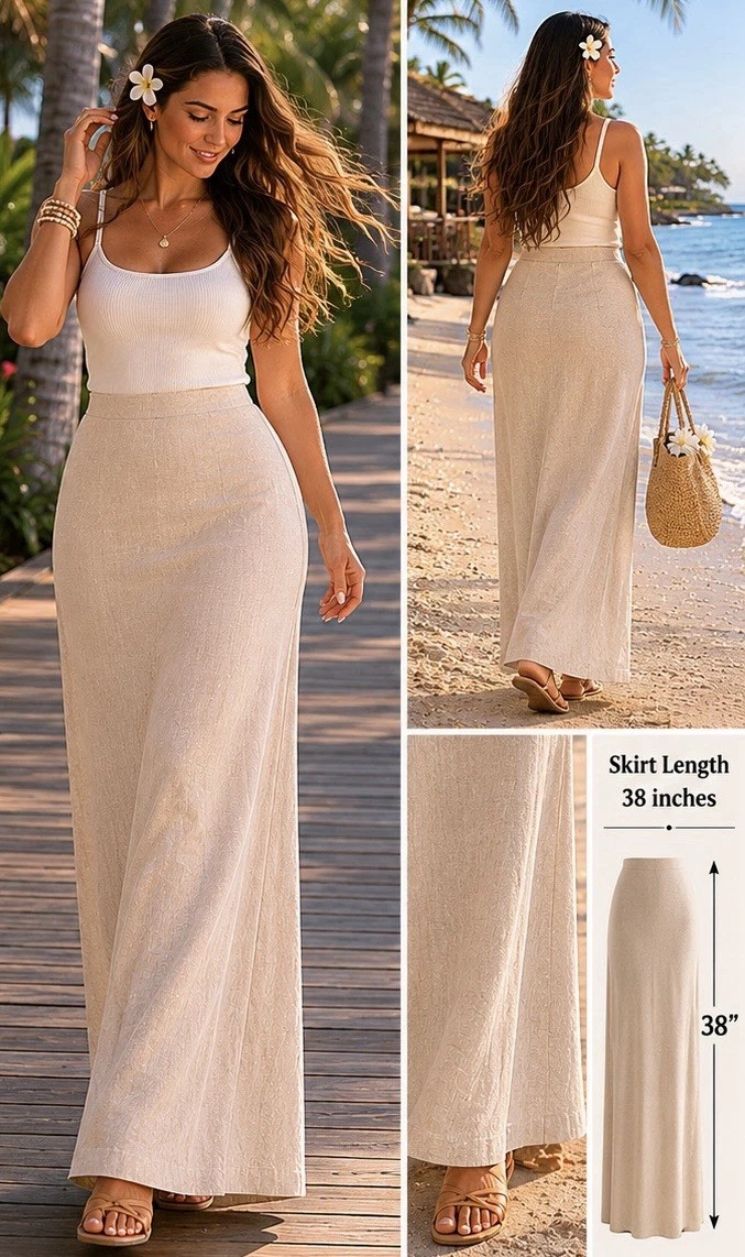 Linen Blend Old Navy Plus Size 2XL Maxi Skirt Beige Elastic Waist Slit NWT