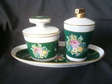 Badezimmer Set grün Porzellan Zerstäuber Deckeldose Schale Vintage