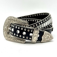 Vintage Studded Rhinestone Belt Black Genuine Leather Engraved Silver Metal Y2K