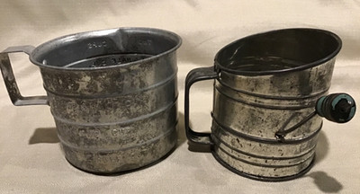 Vintage Bromwell's 1 Cup Flour Sifter Wooden Knob And 2 Cup Aluminum Measure Cup