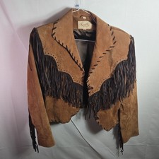 Scully Women's Brown Leather Fringe Western Jacket Button Contrast Stitching M