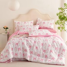 Pink Bow Comforter Set Full Size Pink Floral Comforter for Girls Romantic Pri...