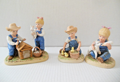 Three Vintage Homco Porcelain ''Denim Days'' Figurines - Lamb, Chicks & Bunny- New