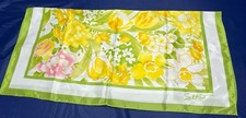 Vintage 70s Avon SM Kent Graphic Floral Scarf Green Yellow White Japan 27 X 27