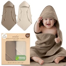 Organic Cotton Muslin Baby Hooded Towels - 32x32 Inch, 2 Pack Newborn Bath