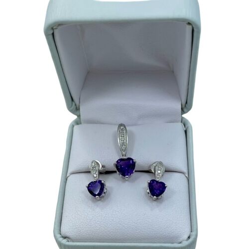10K White Gold Heart-Shaped Amethyst and White Sapphire Earrings and Pendant Set - Picture 2 of 5