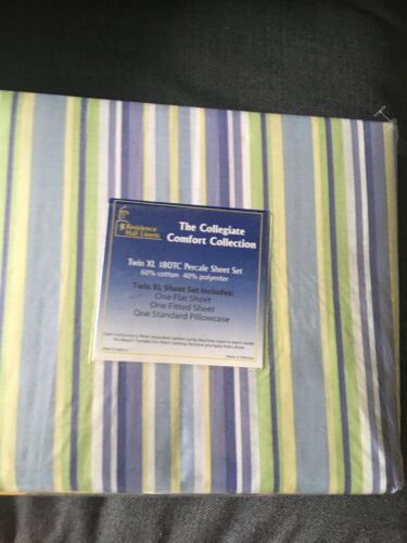 Residence Hall Linens Sheet Set Twin XL Blue/Yellow/Green Striped~Brand New!