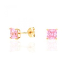 14k Yellow Gold Princess Pink Tour Birthstone Square Stud Push Back Earrings 4mm