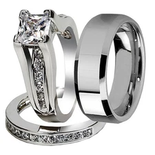 Nice 3 Pcs Her & His Stainless Steel Couple Wedding Engagement Ring Band Set