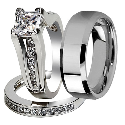 Nice 3 Pcs Her & His Stainless Steel Couple Wedding Engagement Ring Band Set